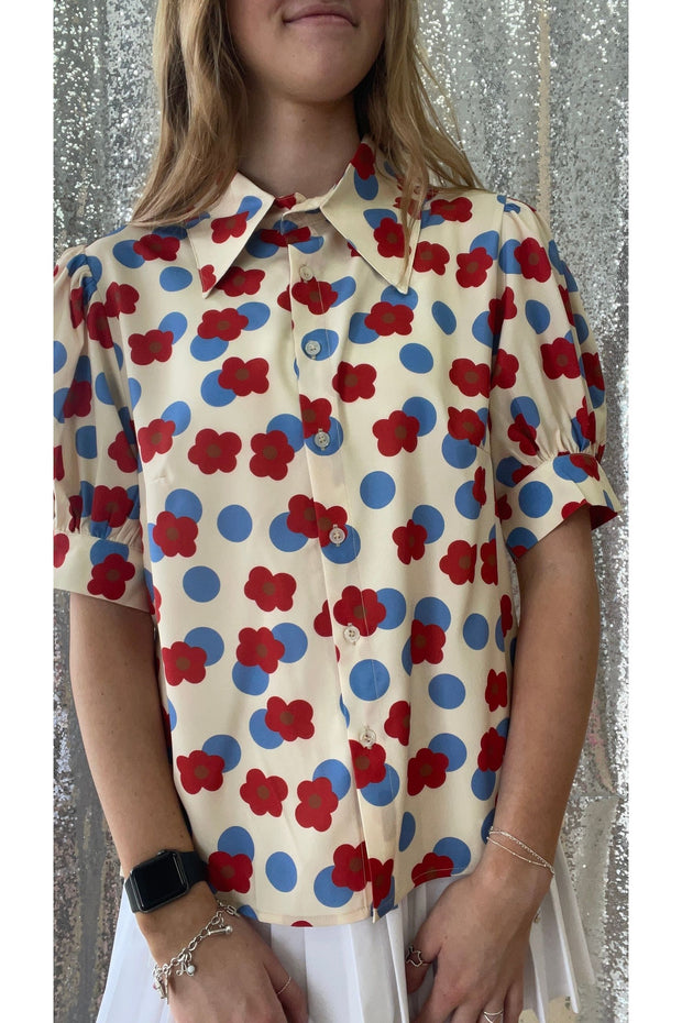 Beige Button up With Red and Blue Floral