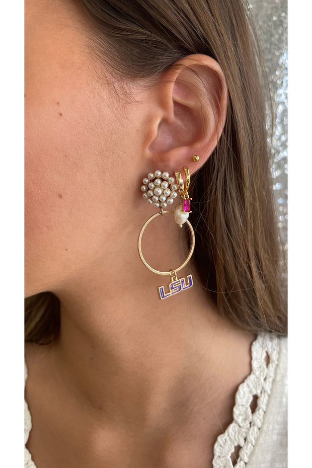 LSU Pearl Cluster Hoop Earrings