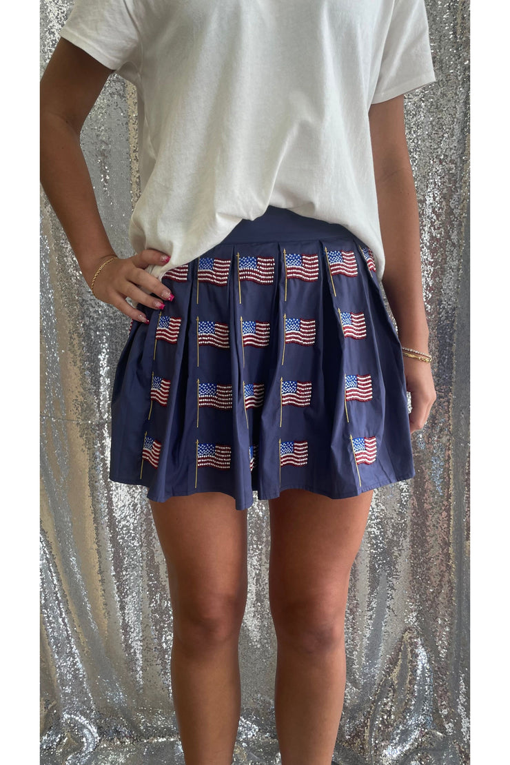 Queen of Sparkles Navy Beaded Flag Pleat Skort