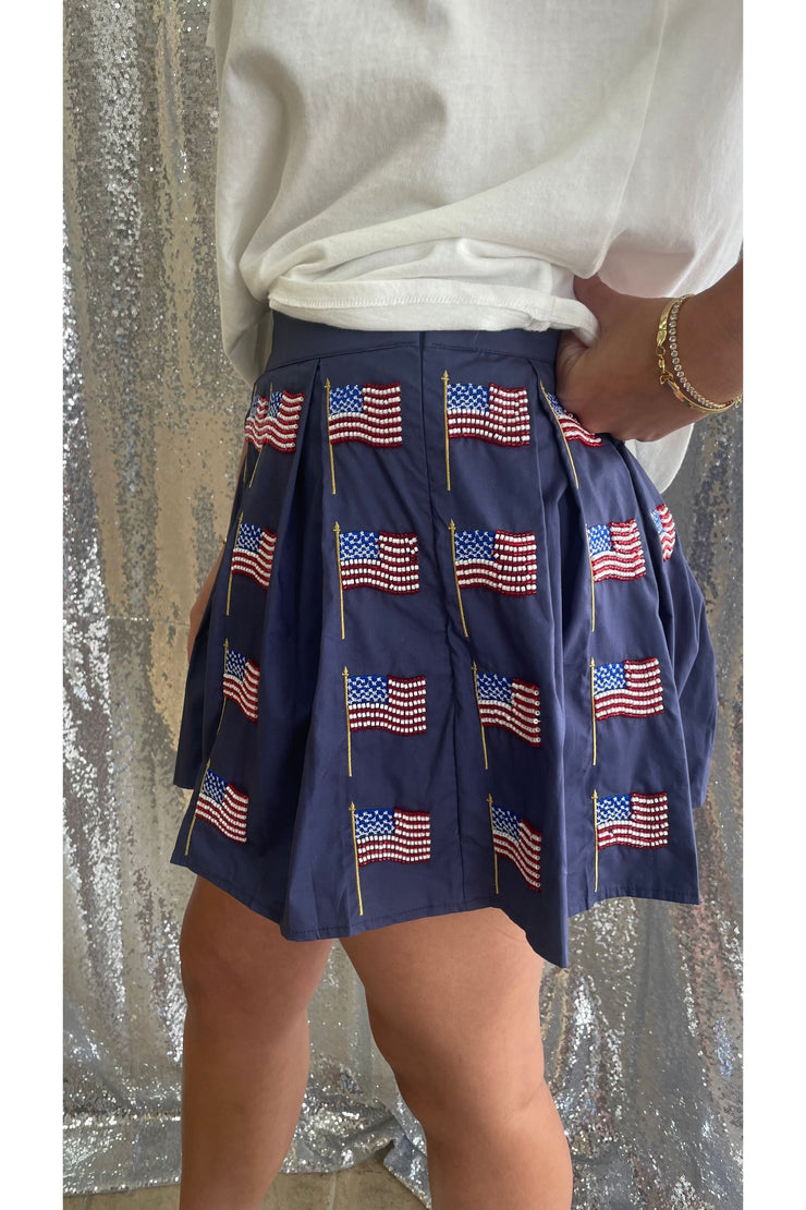 Queen of Sparkles Navy Beaded Flag Pleat Skort