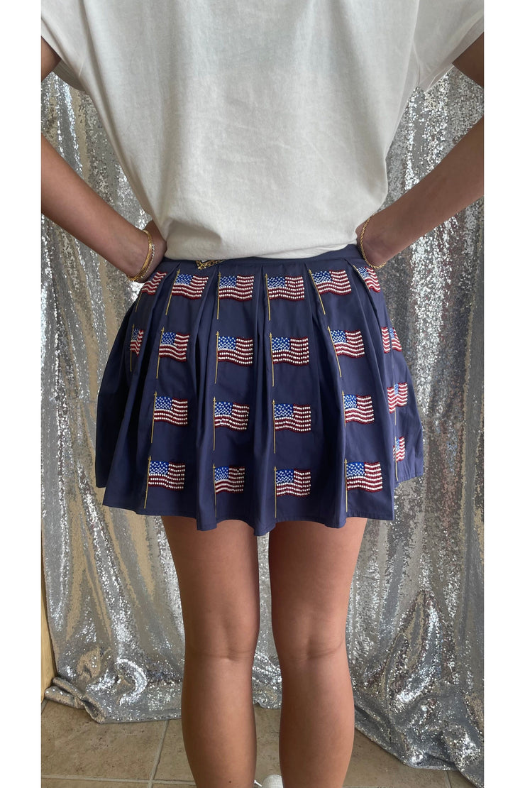 Queen of Sparkles Navy Beaded Flag Pleat Skort