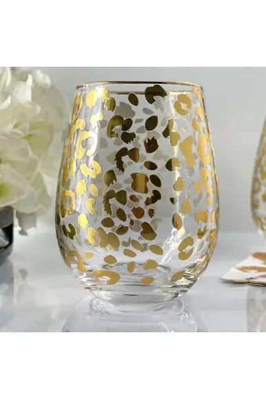 Gold Leopard Stemless Wine Glass