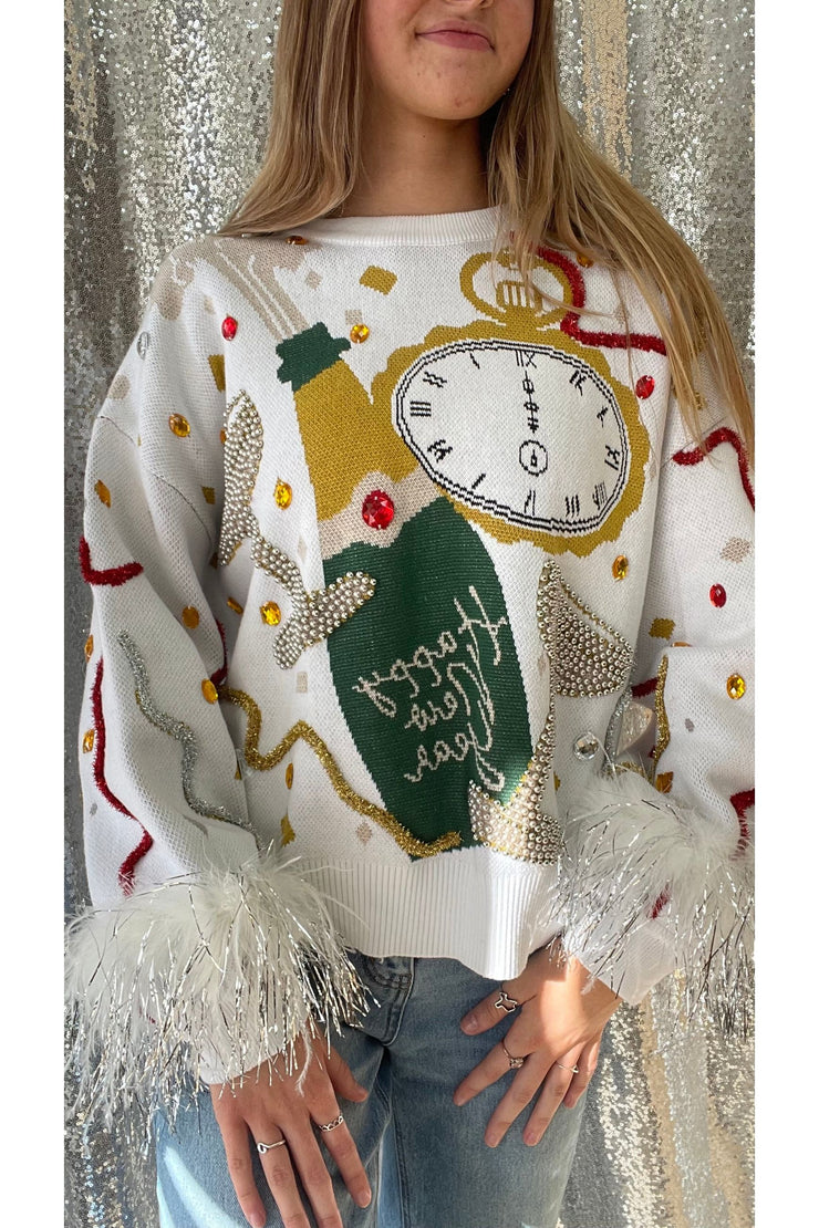 Queen of Sparkles Champagne Feather Sweater