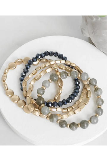 5 Piece Boho Bracelet Stack Gray Black and Worn Gold Tone