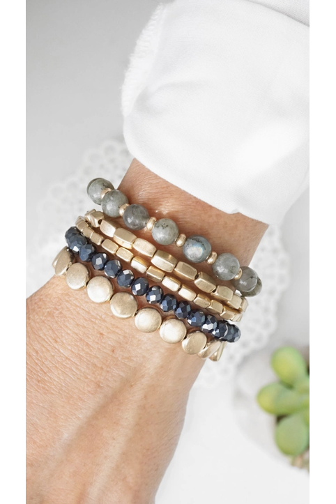 5 Piece Boho Bracelet Stack Gray Black and Worn Gold Tone