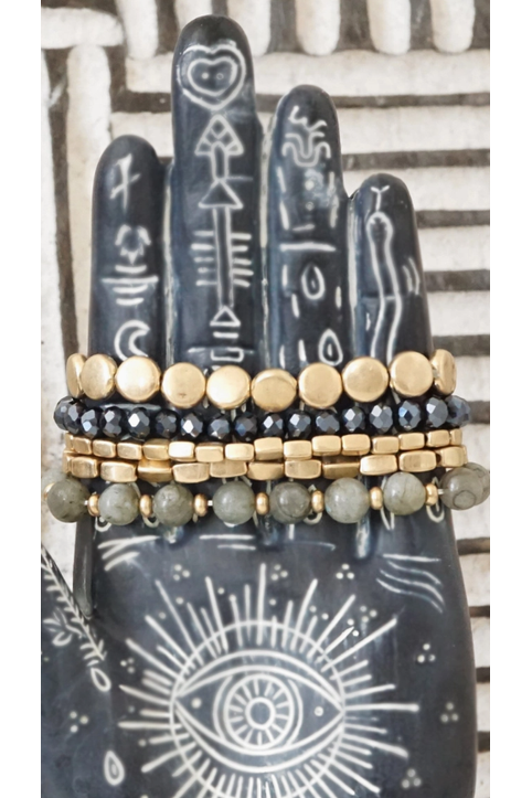 5 Piece Boho Bracelet Stack Gray Black and Worn Gold Tone