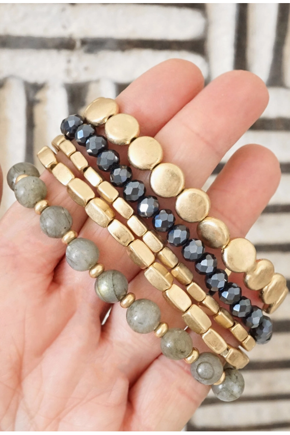 5 Piece Boho Bracelet Stack Gray Black and Worn Gold Tone