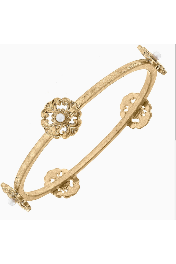 Marguerite Acanthus & Pearl Bangle in Worn Gold