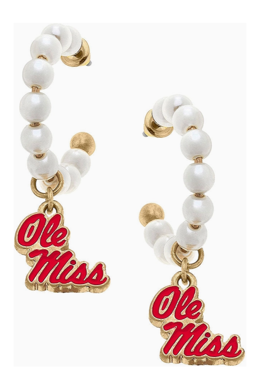 Ole Miss Rebels Pearl Hoop Enamel Drop Earrings in Red