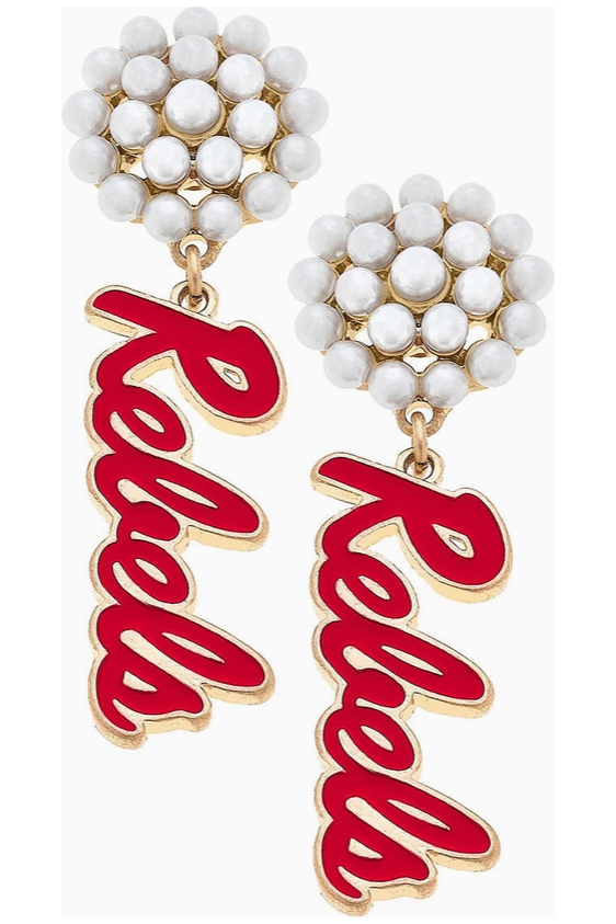 Ole Miss Rebels Pearl Cluster Enamal Drop Earrings in Red