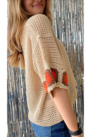 Crocheted Scallop Neck Top with Orange and Brown Sleeves