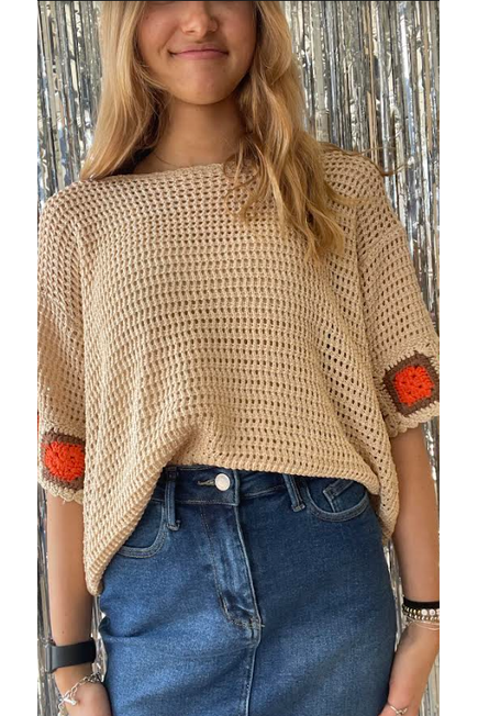 Crocheted Scallop Neck Top with Orange and Brown Sleeves