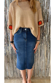 High Waisted Back Slit Hem Mid Length Skirt