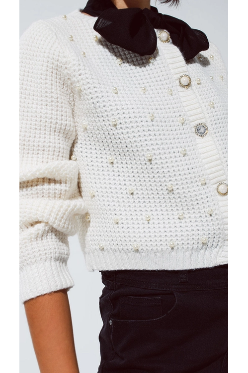 Waffle Knit Cardigan with Pearls