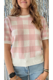 Knit Pink and White Checkered Puff Sleeve Top