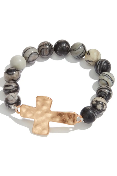 Dark Marble Cross Beaded Bracelet