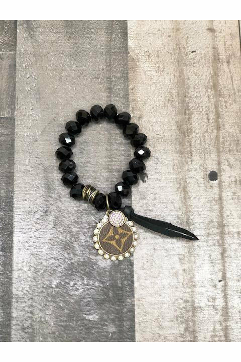Black Faceted Beaded Bracelet with Upcycled Pendant