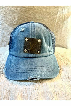 Distressed Denim Trucker Cap with Upcycled Patch