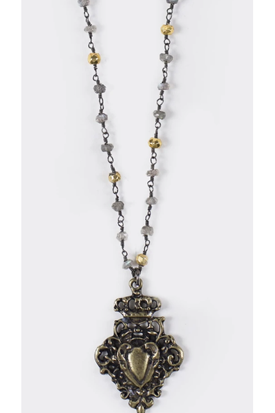 Corazon Sacred Heart Medallion Necklace - Labradorite with Gold Pyrite